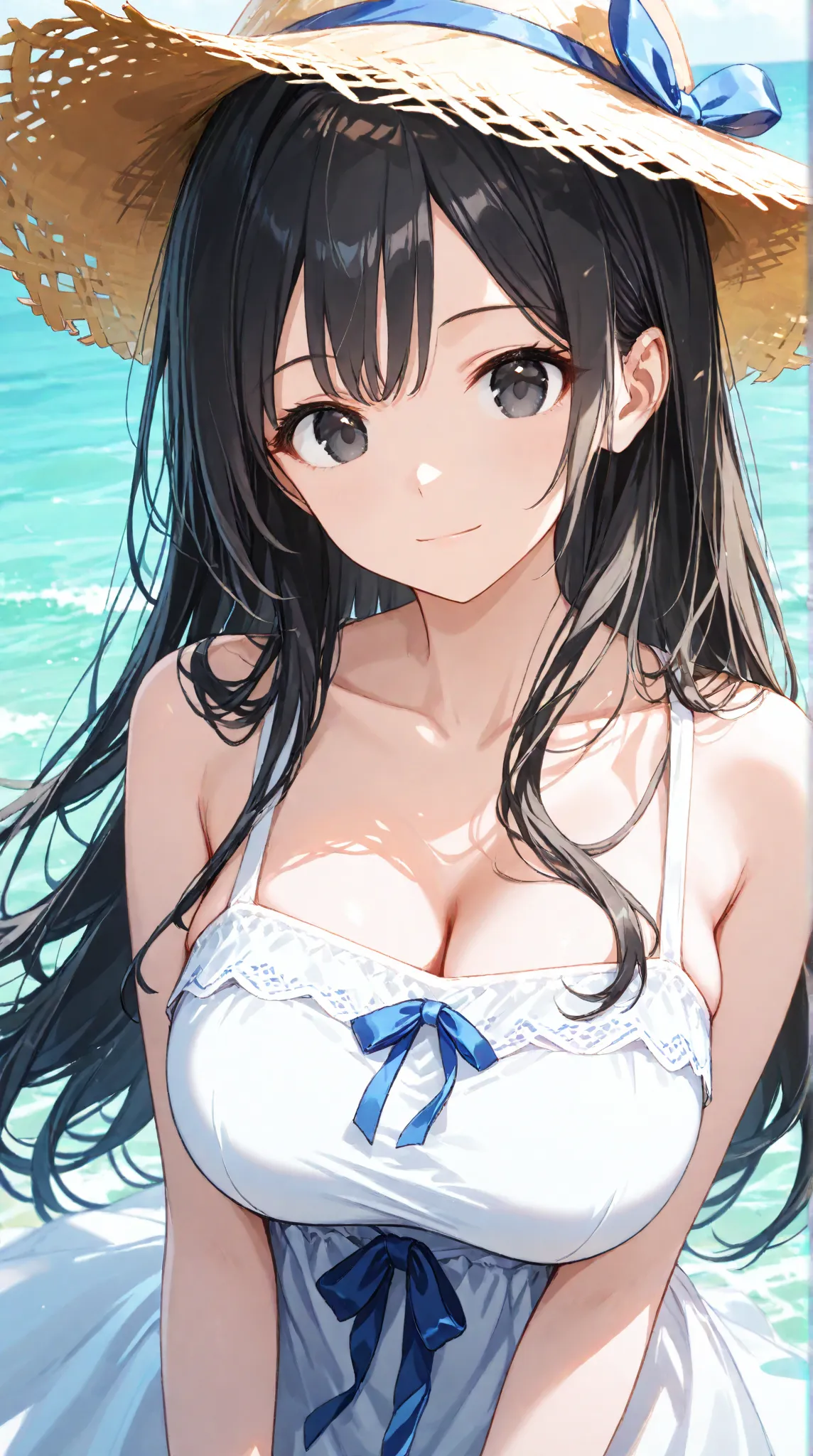 
masterpiece,large breasts, long hair, (black hair) , bangs, （1girl1.5）,  blue ribbon、（ 1.5）, 18 years old、breast focus、looking at viewer、sundress、sea、straw ha、light smile