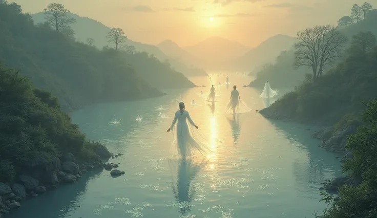 The flow of souls crossing a silver river towards paradise.