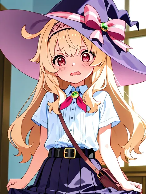 1girl, Nobeta \(Little Witch Nobeta\), anime screencap, masterpiece, best quality, solo, A young woman wearing a fair complexion and wearing a light purple button-up shirt with short sleeves and a navy blue pleated skirt. She accessorizes with a black watc...