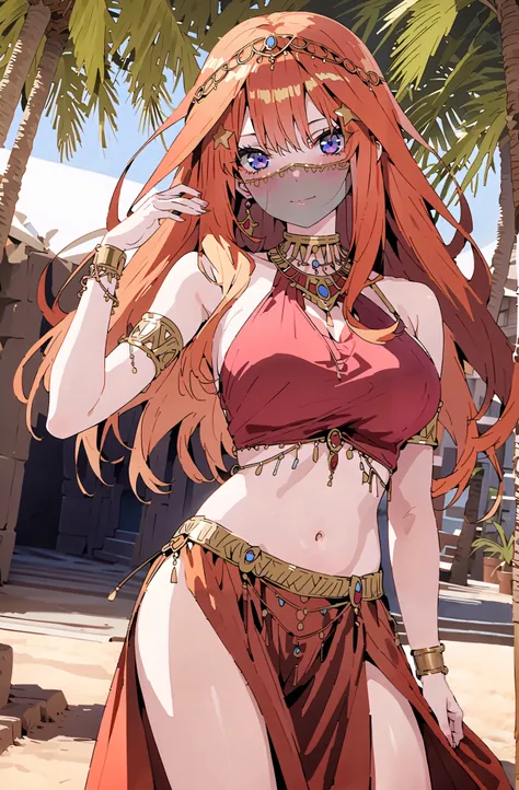 Nakano Mizuki ,  long hair,  blue eyes, hair ornaments close to the garden,  red hair, star (  symbol ), star hair ornaments close to the garden, Big Breasts, Chest Valley,Arabian clothing,  dancer , mouth Veil, belly Dancing, Veil,  armlet, palm tree, Bar...