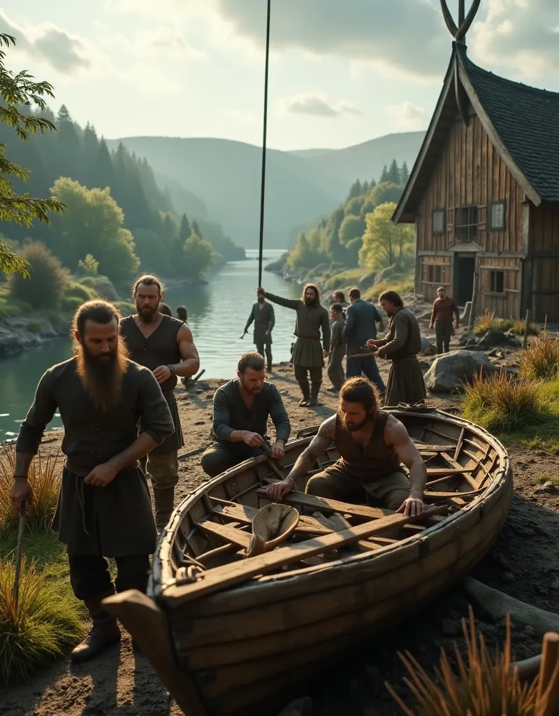 **Prompt:** Create an ultra-realistic panoramic image using Unreal Engine 5 that captures a serene workshop scene. The center of the composition should feature groups of Viking engineers intricately building and repairing a wooden boat. Emphasize the hyper...