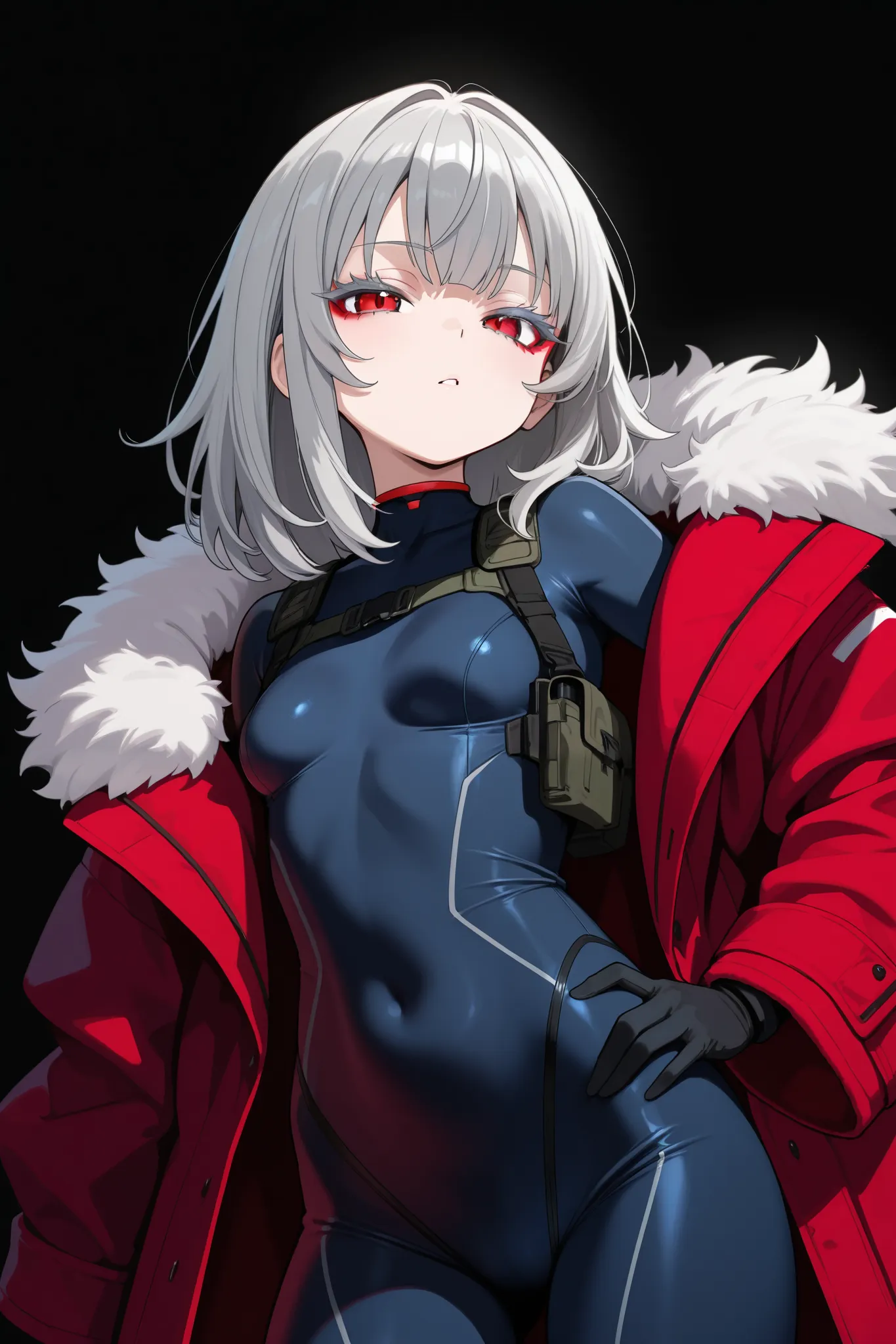 Mesugaki, medium hair, grey hair, grey eyelashes, red eyes, {fur trimmed grey coat}, dark blue bodysuit, tactical clothes, small breasts, red eyeshadow, black background