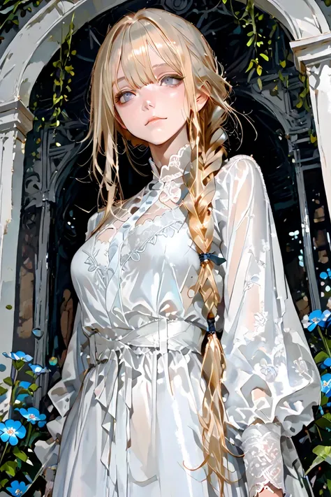 4k , 8k , ((highest quality)),(Ultra-high resolution),(Very detailed),(Detailed Description),((The best CG)),(A masterpiece),Ultra-detailed art , (only 1 female long braid blonde hair with full bangs dark blue grey eyes), very long hair , white and blue fl...