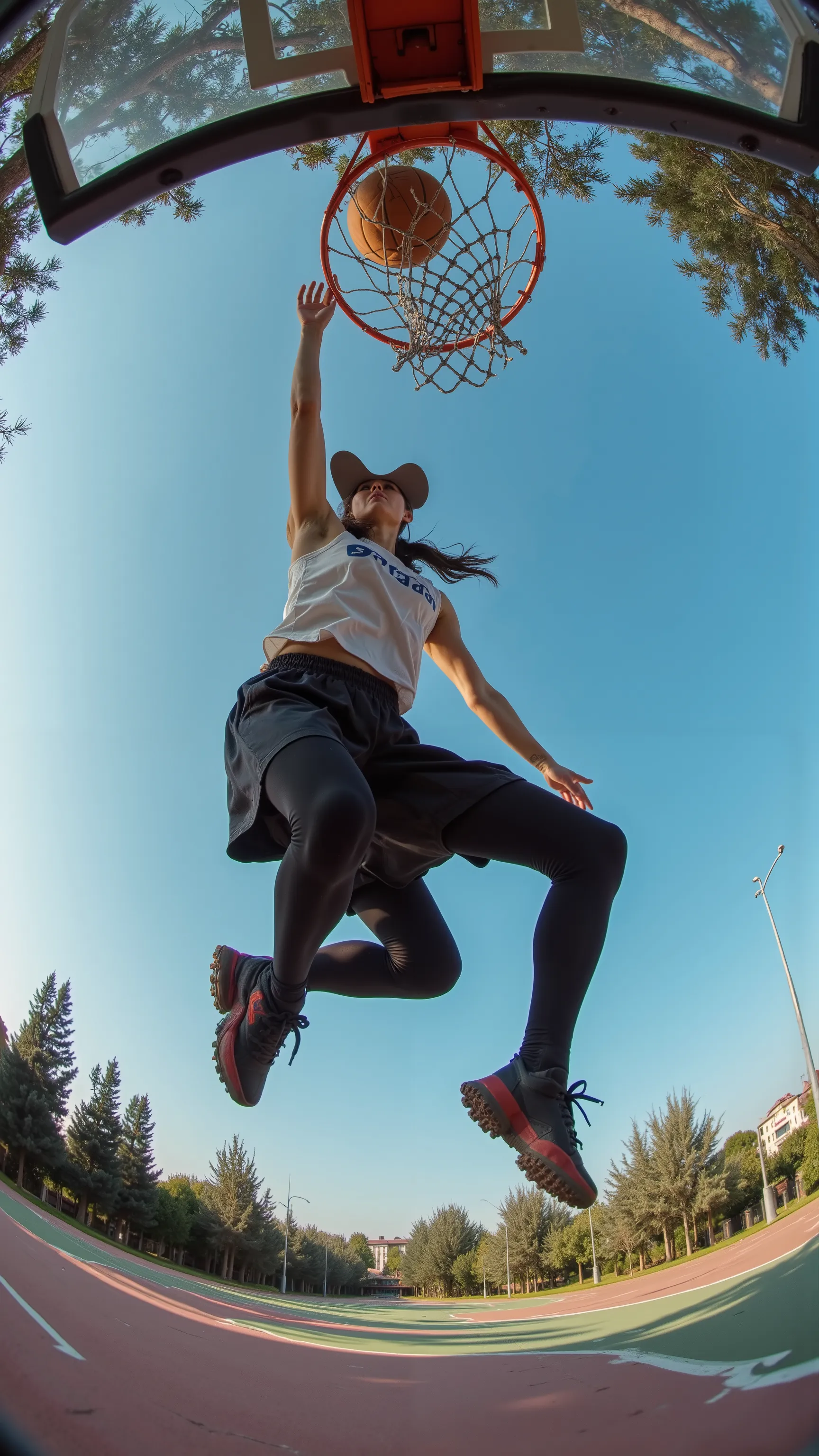   from above 、 fisheye、Crazy Japanese woman dunk jumping up into the air to dunk a basketball ball,  extremely low angles  shot,   dynamic low angle shot  ,   play basketball  ,   Shooting Angle from Below  ,   taken from below,  extremely low angles  long...