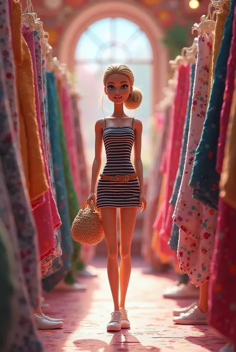 Realistic image of Barbie in a basic dress, short, white with horizontal stripes black,  white sneakers, with your straw bag,  hair tied, shopping at a colorful fabric store in Barbieland 