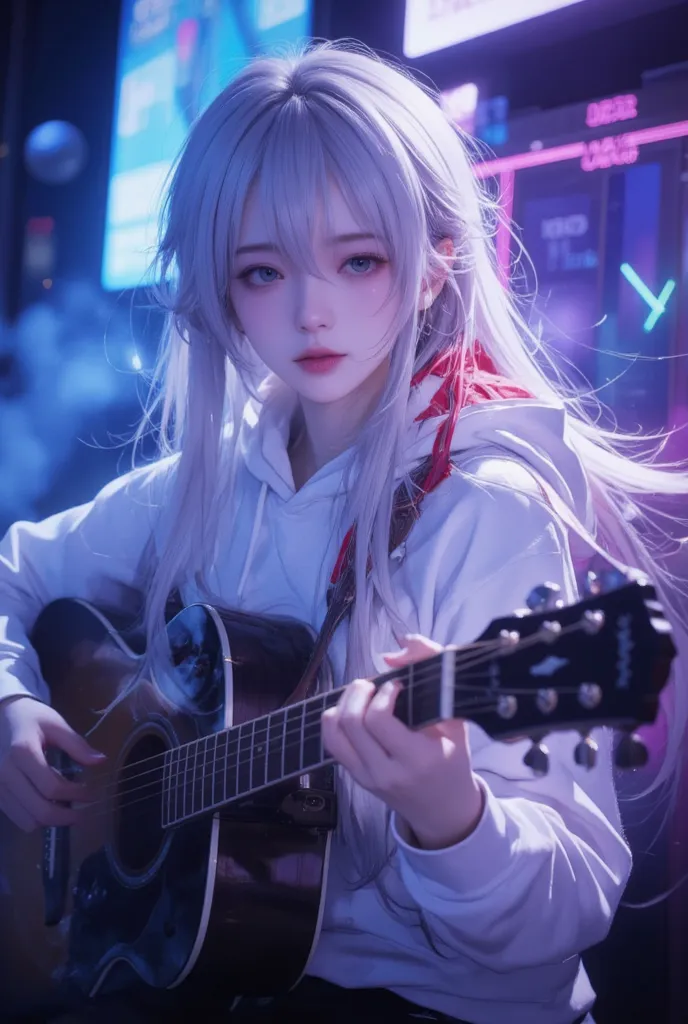 A beautiful woman with long white hair, with a few strands dyed red, wearing a white hoodie. She is playing an acoustic guitar with a sad expression. The background features neon blue and purple glowing lights, creating a futuristic and dreamy atmosphere. ...