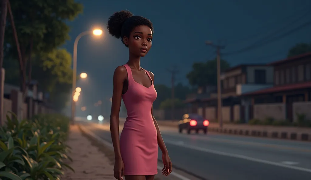 Generate a realistic image of  Ada a 23year old young Nigerian woman with fair skin, she wears modern short pink gown. She is standing by the road side at night .16.9