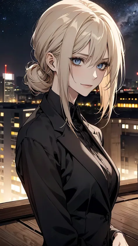 (best quality,high resolution,ultra-detailed),1girl, beautiful detailed eyes,beige hair, straight medium hair tied up at the back, wearing a black suit, mature woman, 28 years old, calm and composed, slender figure, pale complexion, thin, serene,stargazing...