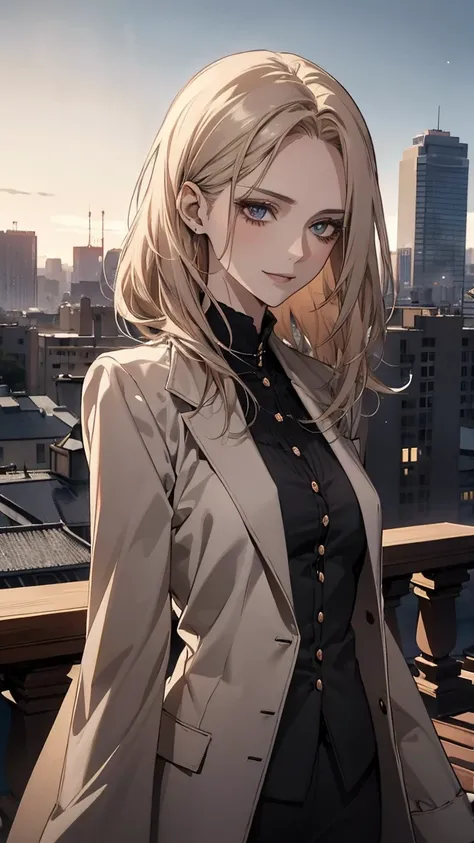 (best quality,high resolution,ultra-detailed),1girl, beautiful detailed eyes,beige hair, straight medium hair tied up at the back, wearing a black suit, mature woman, 28 years old, calm and composed, slender figure, pale complexion, thin, serene,stargazing...