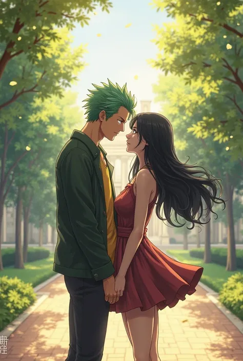 Image of Roronoa Zoro and Nico Robin inspired by them, in a romantic setting, in a universe where they are high school students and about to enter school , green man's hair and women's black hair and blue eyes 