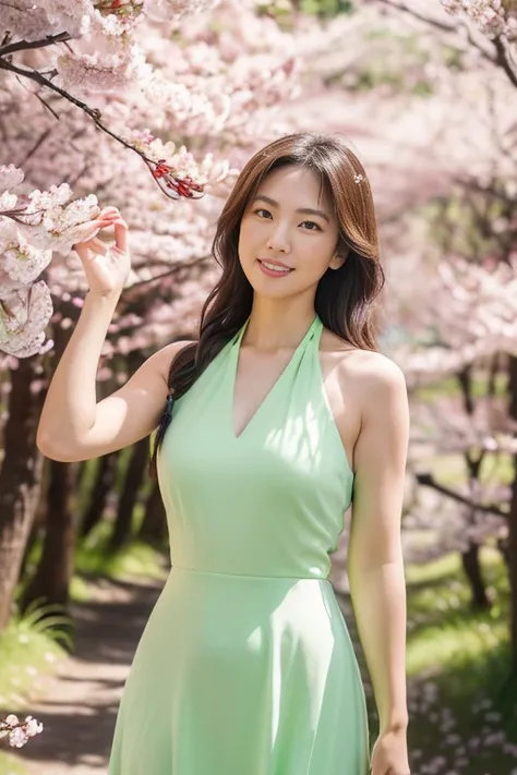 (8k, RAW photo, photorealistic, HQ, masterpiece, Brightly exposed photo), a cute Japanese woman, (glowing eyes), 
(light smile:0.8), dark brown hair, single braid, (lime green dress:1.2, halter neck long skirt dress:1.4, elegant simply dress:1.2), (in A va...