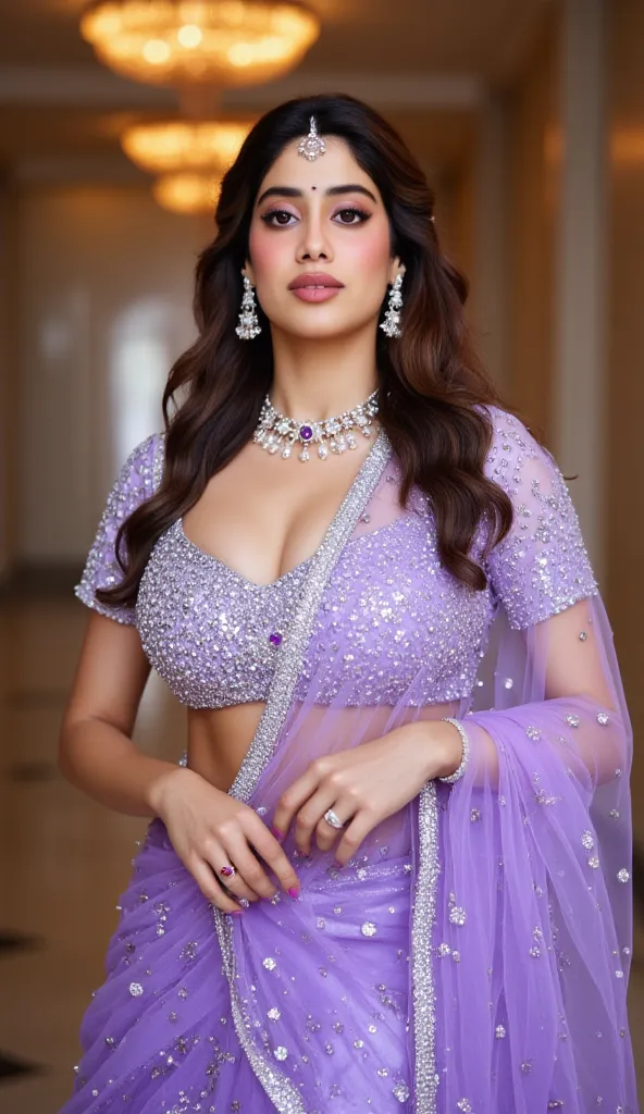 A stunning Indian woman in a lavender lehenga with intricate silver embroidery