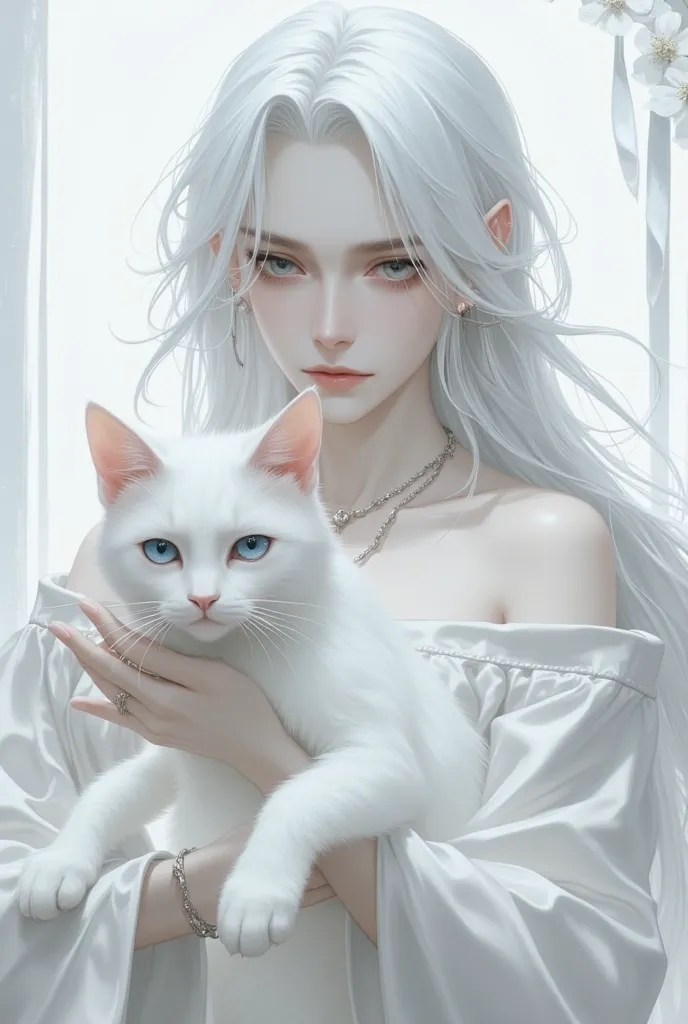  long white hair,Pale blue eyes, graceful and elegant,Portrait holding a noble white cat,masterpiece, accurate, anatomically correct, anatomically correct, TOP QUALITY, 