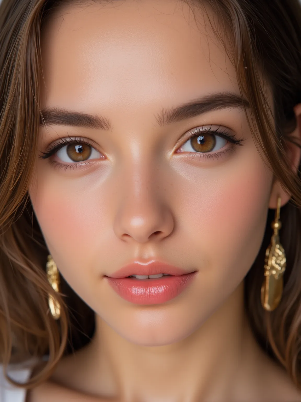 An ultra-realistic portrait，shows the natural skin tone texture of a 25-year-old European woman，expressive eyes and lifelike facial features。image presented in sharp focus under professional studio lights、with high detail and fine facial detail。