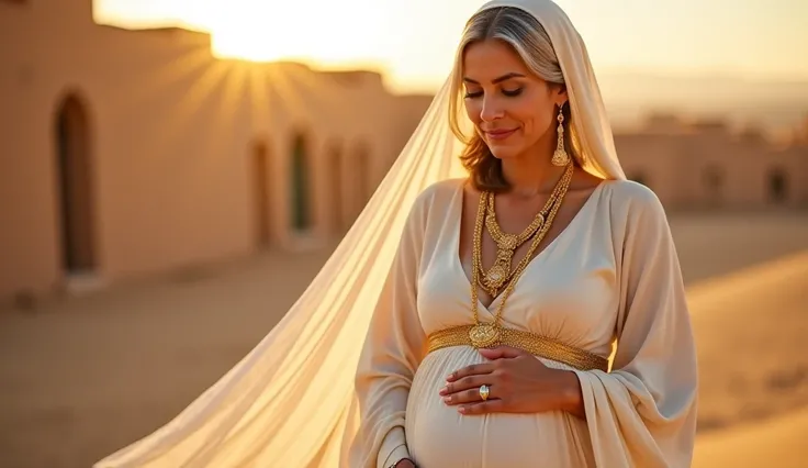 Pregnant woman in light beige/cream-colored, flowing, long-sleeve dress,  with gold jewelry and a head covering.  Middle-aged woman, likely 40s, with a calm, serene expression, her eyes closed.  Medium-dark skin tone and graying hair, neatly tucked under h...