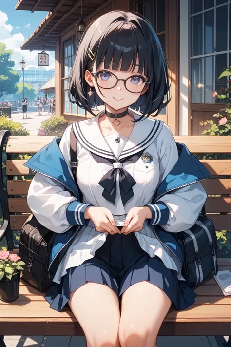 aName : Tsukinami Kazuki 
Illustration style: bright and colorful anime style 
main color: black and white contrast 
Accent color: pink 
Race and Gender: humans/women 
age:  
Hairstyle and hair color: shortcut black hair 
Outfit:  sailor suit、Glasses、Black...