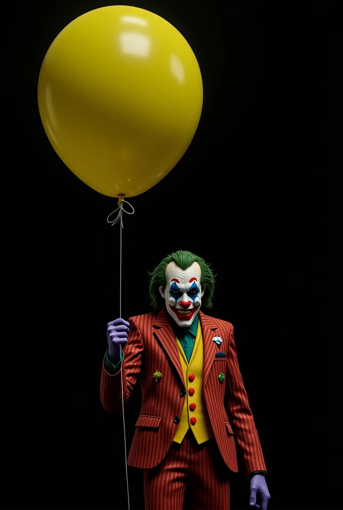 The Joker disguised as a clown with a yellow balloon in his hand. black background. realism