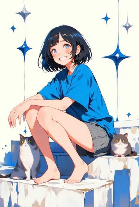 (masterpiece, best quality),source_anime,cell-anime,(best quality, masterpiece, ultra highres, ultra-detailed:1.2),pop style art,
A tween girl ,highly detailed digital illustration of a cheerful young girl sitting on steps in stylish pose. ((cats are sitti...