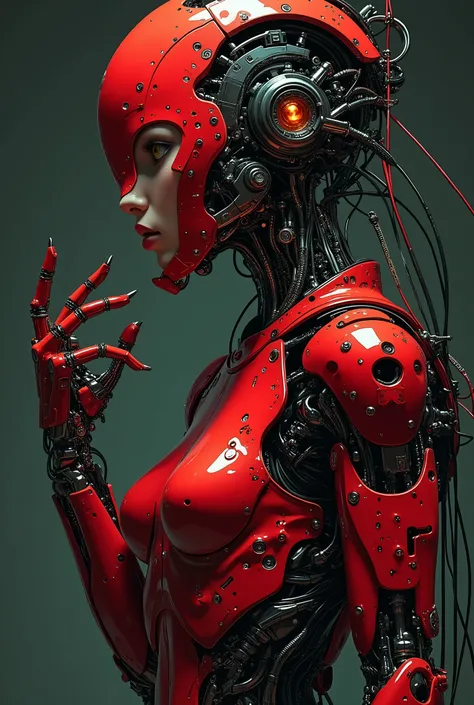 1 cyborg girl, dark fantasy, detailed mechanical red turtle neck arms, highly detailed hands, dramatic shadows, dramatic lighting, (best quality,4k,8k,highres,masterpiece:1.2),ultra-detailed,(realistic,photorealistic,photo-realistic:1.37),fantasy,concept a...