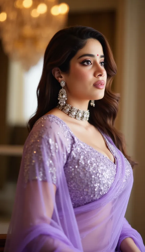 An elegant Indian woman in a lavender lehenga, captured in a soft side profile