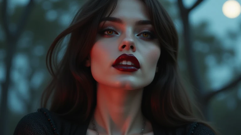 (best quality,4k,highres,masterpiece:1.2),ultra-detailed,realistic:1.37, close-up shot photorealistic of

A stunning vampire woman tilts her head slightly, her long neck exposed, bathed in cold moonlight. Her full, blood-red lips are closed but curved into...