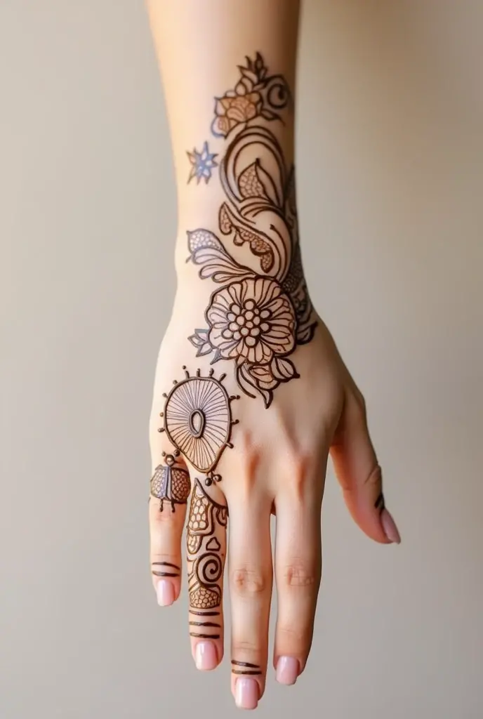 "A beginner-friendly henna design featuring a floral centerpiece with flowing leaves and curved vines. The design should have soft, organic curves with open spaces, making it easy to replicate. Focus on small to medium-sized patterns for fingers and palm."