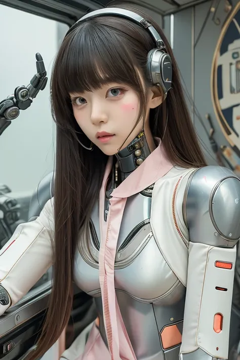 masterpiece, best quality, extremely detailed,portrait,front view,Japaese android girl,Plump,pastel color uniform, control panels,android,Droid,Mechanical Hand, Robot arms and legs,Blunt bangs,long tube,thick cable connected her neck