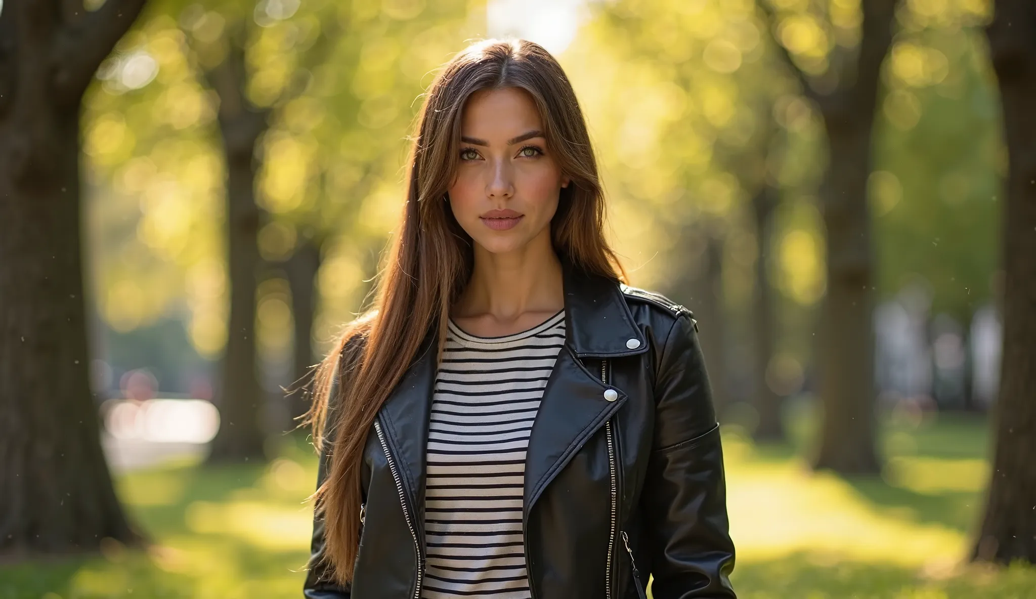 (photorealism:1.2),"A woman with long, straight brown hair stands outdoors in a park, wearing a black leather jacket and a striped shirt. She looks directly at the camera with a confident expression, her hand resting casually in her pocket. The background ...