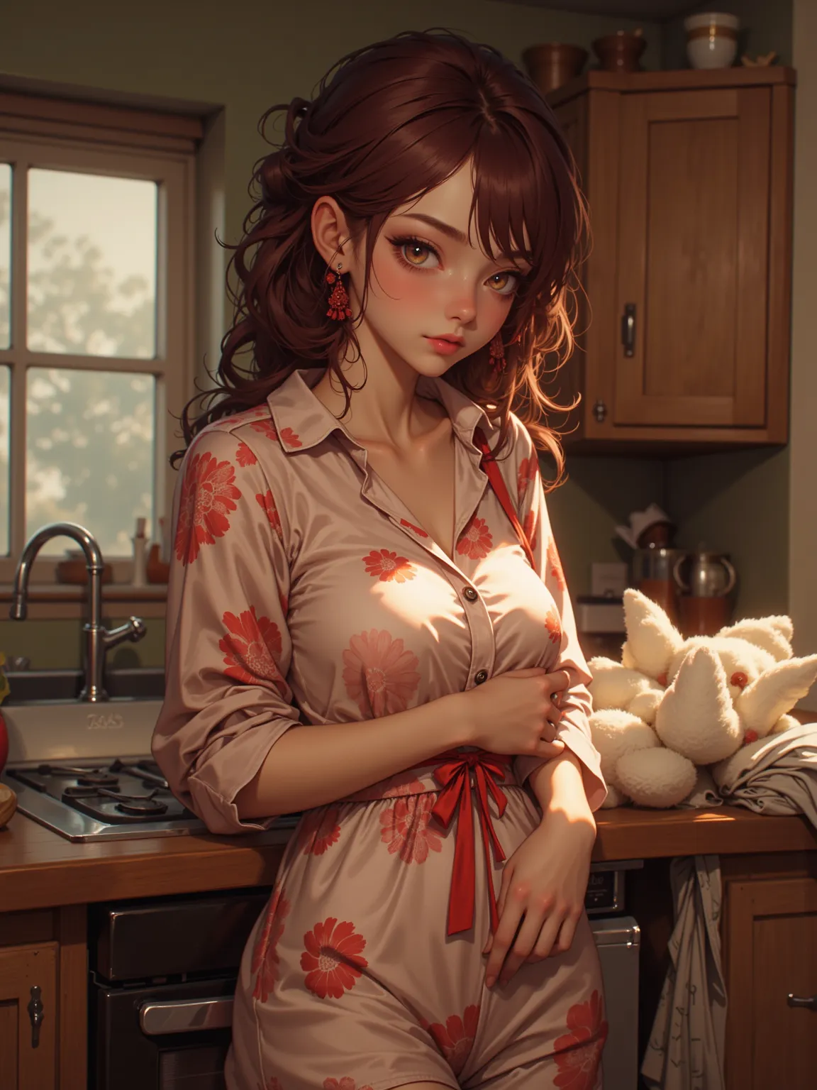 movie-like morning light and cozy atmosphere。 In fact，young women in satin pajamas，leaning against the kitchen counter，her long、Wavy maroon hair tied loosely behind，A few strands of hair scattered all over her tired but quiet face。