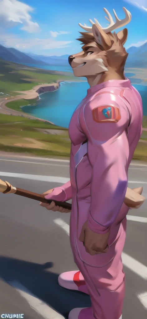  alone, male Tall​,huge​ body​, stand,Holding the magic staff of an angel., road,pig Cliff deer ​,  pink military spacesuit,  heavy overload,  muscle bundle, smirking,by chunie ​