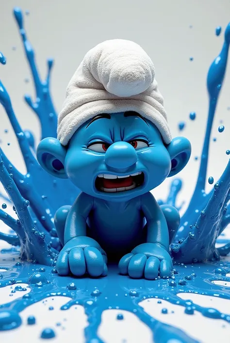 A smurf crushed to the ground with lots of blue splashes 