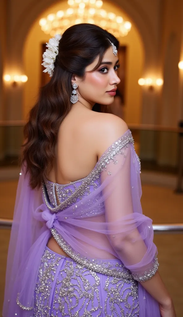 A mesmerizing Indian woman in a lavender lehenga with silver detailing