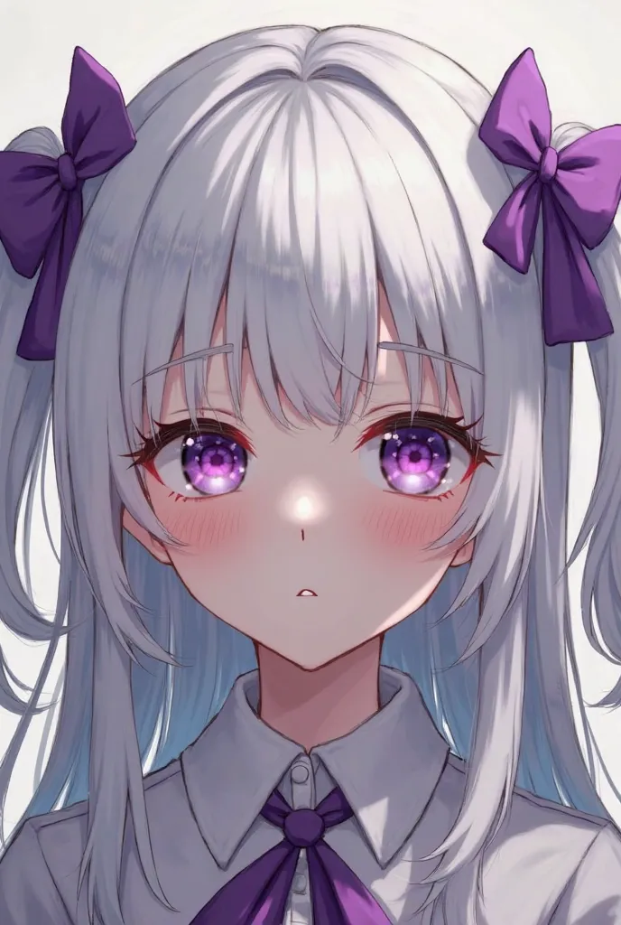 Anime girl with long white hair that has two purple bows in it, she has purple eyes and she looks sad and tired 
