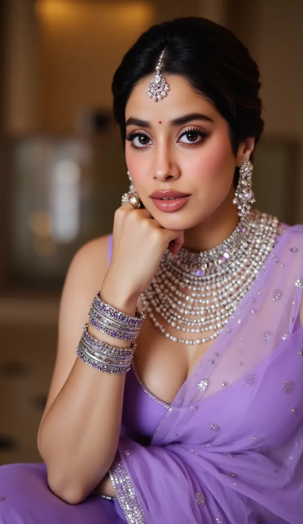 A graceful Indian woman in a lavender lehenga