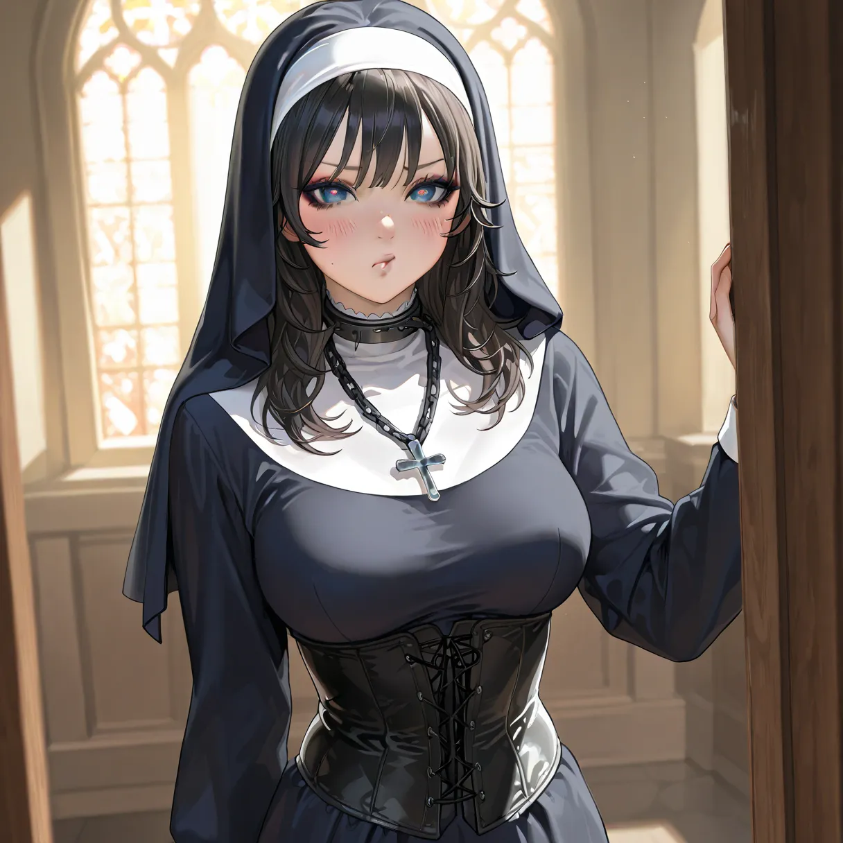 This is a highly detailed, digital illustration of a young woman in a provocative nun costume, created in a hyper-realistic, photorealistic style. The subject is a fair-skinned woman with a pale complexion, long, wavy black hair peeking out from beneath a ...