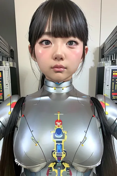 masterpiece, best quality, extremely detailed,portrait,upper body,front view,Japaese android girl,Plump, control panels,android,Droid,Mechanical Hand, Robot arms and legs,long hair,long tube,thick cable connected her neck,