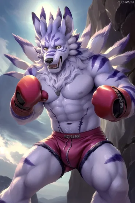 (by null-ghost, by clockhands, by honovy, by personalami), male, digimon, solo, wolf, weregarurumon, muscular, stripes, claws, hindpaw, shirtless, boxing shorts, boxing gloves 