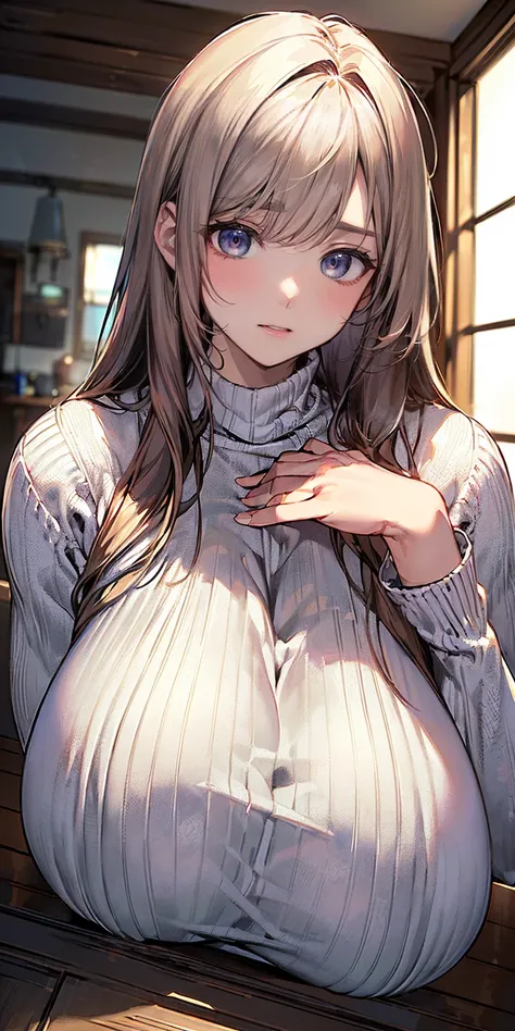 (masterpiece, best quality, ultra detailed:1.5), (disproportionate gigantic breasts, she breasts bigger than upper body:1.5), 1girl, milf, solo, knit sweater dress, inside living room