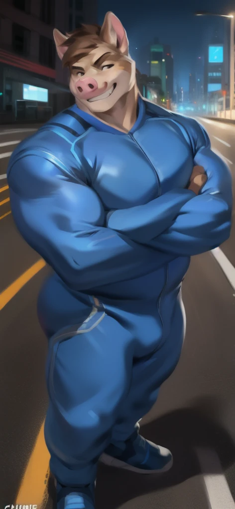  alone, male Tall​,huge​ body​, standing , road,pig 
 hamster ​,  blue military spacesuit,  heavy overload,  muscle bundle, smirking,by chunie ​