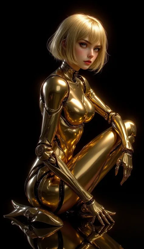 masterwork, masterpiece, best quality, dynamic lighting 
1girl, solo, gold hair, android, joints, robot joints, gold eyes, very short hair, sitting, looking at viewer, wings, mechanical parts, knee up, science fiction, robot girl, black background, glowing...