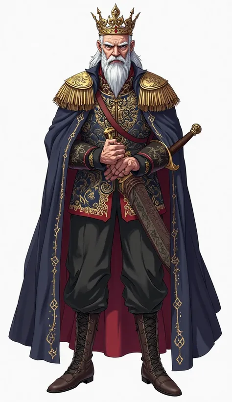 Prompt:
"An anime-style illustration of Duke Rain, an elderly yet powerful king standing at 185 cm. He has sharp black eyes, short gray hair, and a commanding presence. His face is aged with deep wrinkles, exuding both wisdom and intimidation. He wears a r...