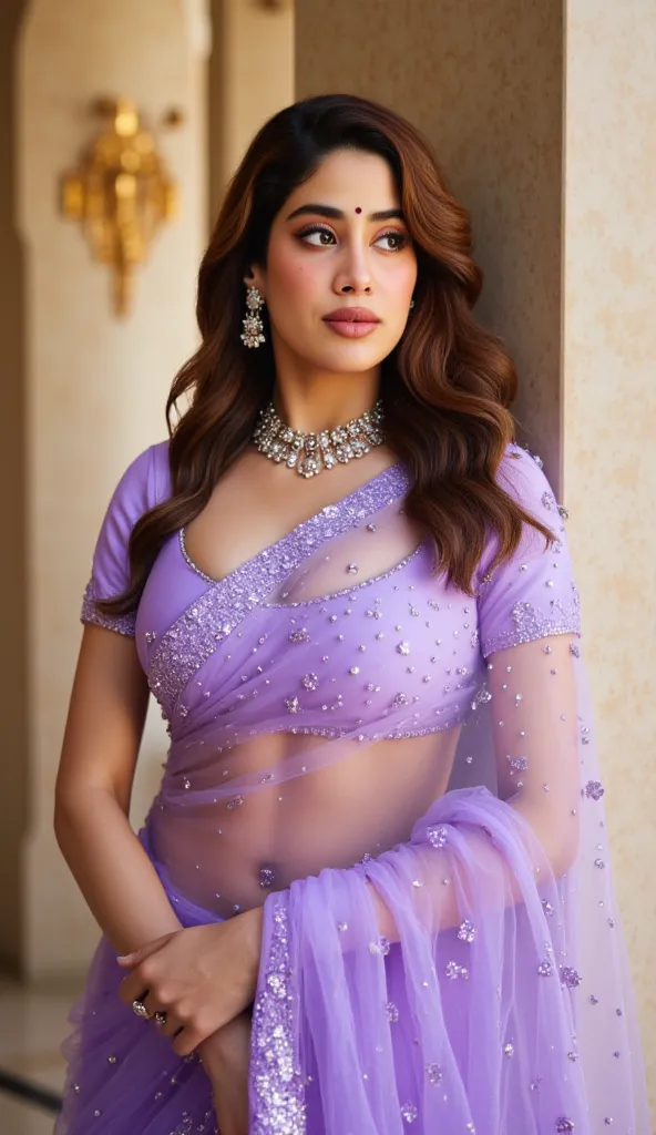 A regal Indian woman in a lavender lehenga