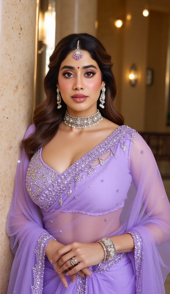 A regal Indian woman in a lavender lehenga