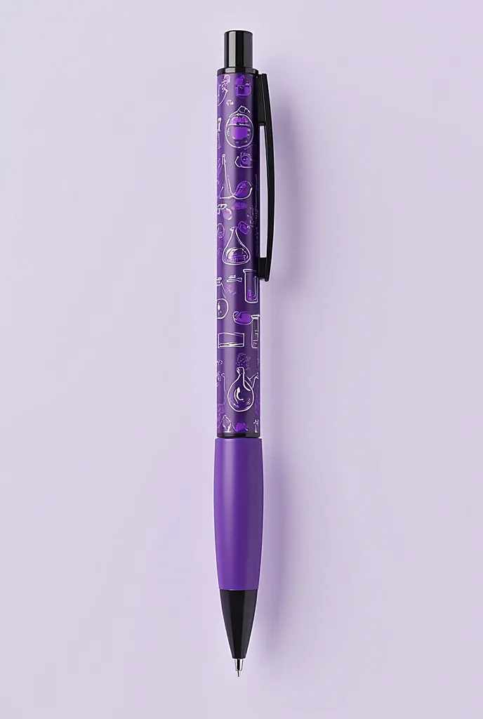 A normal pen with a print of laboratory elements,  in shades of purple  