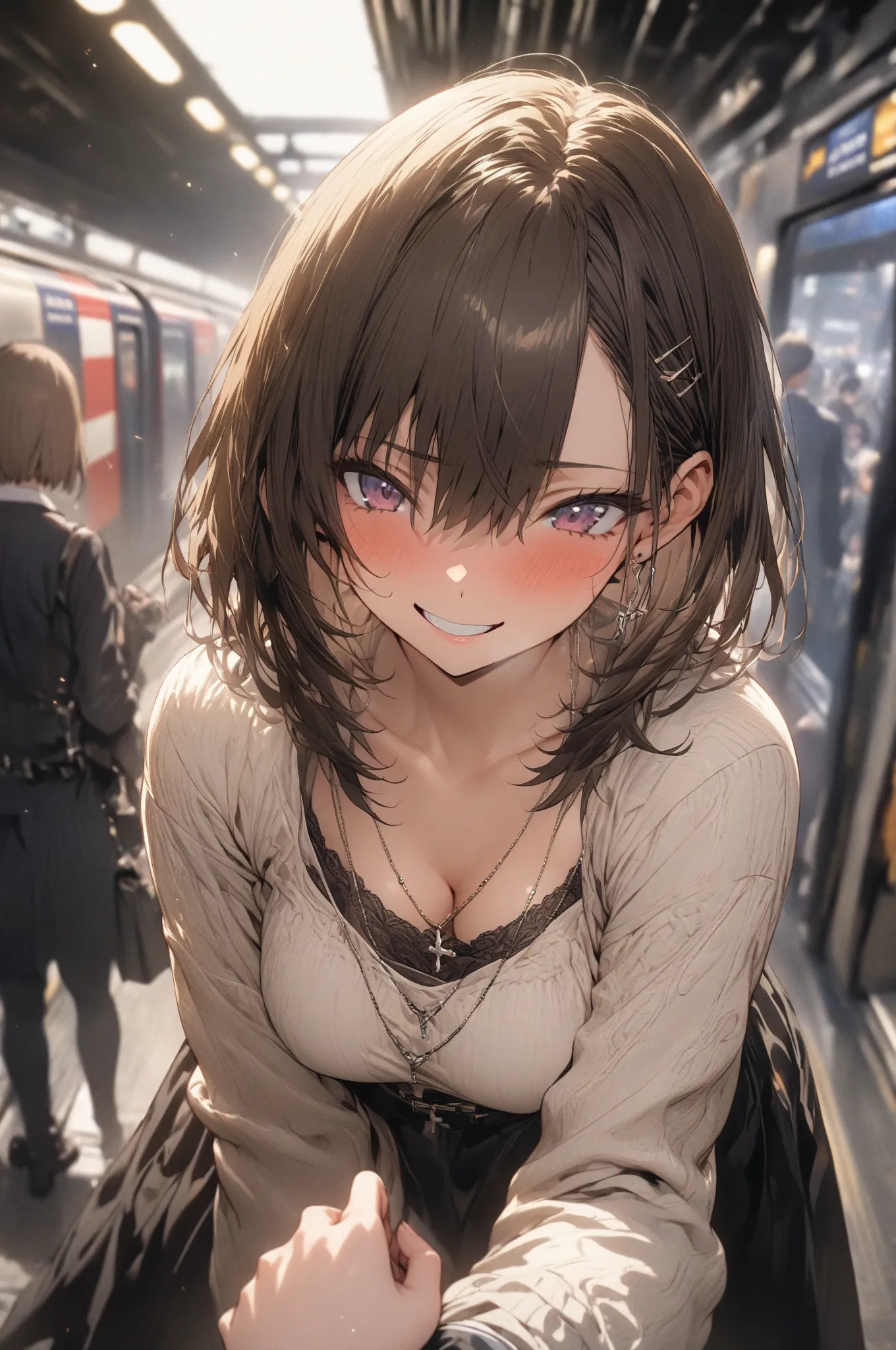 (masterpiece, detailed:1.2), One Girl, (18-years old), brown long Bob Cut, Medium Breasts, smile, be shy, BREAK, Highest quality, King's Cross station, BREAK, POV 