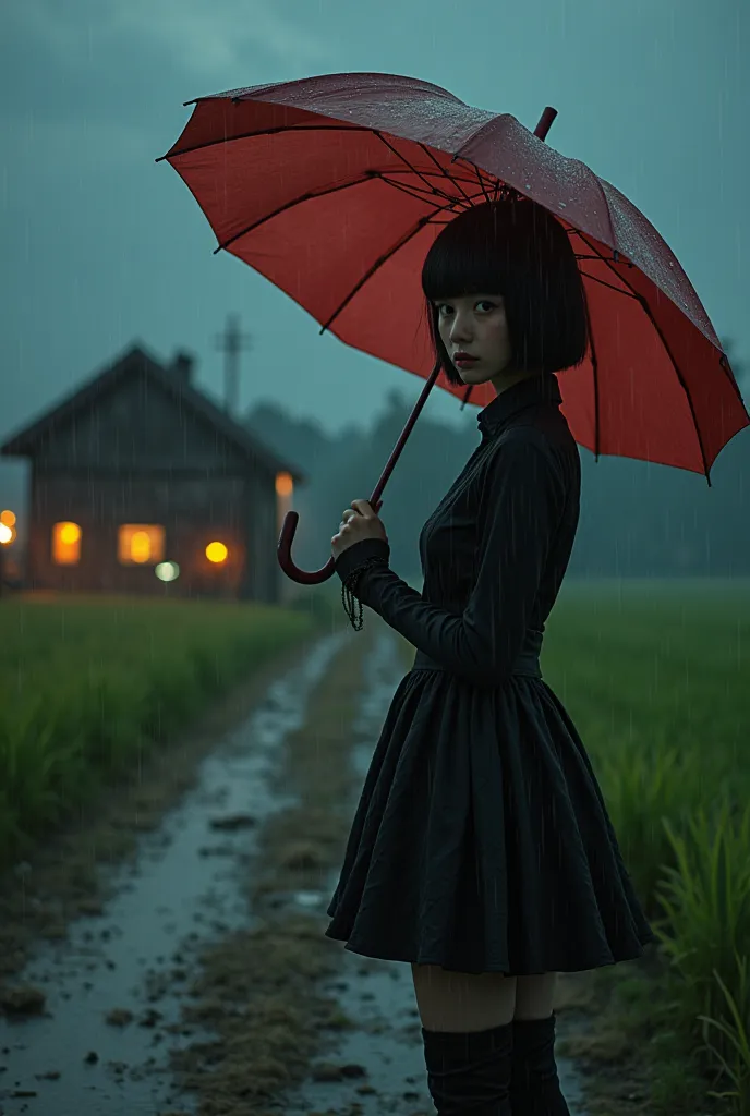 An vintage photograph of the film, beautiful japanese robot girl, robot body, wearing a short goth black dress, holding an red umbrella, night, heavy rain, half profile, looking at viewer over shoulder, rice field, dirt road, abandon house, midnight, dark ...