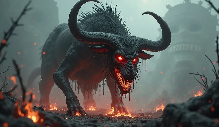 "A terrifying, bull-headed humanoid demon with massive, curved horns dripping with dark blood. Its fiery red eyes glow with a menacing intensity, burning like molten lava. Its skin is blackened and cracked, resembling scorched earth, with glowing ember-lik...