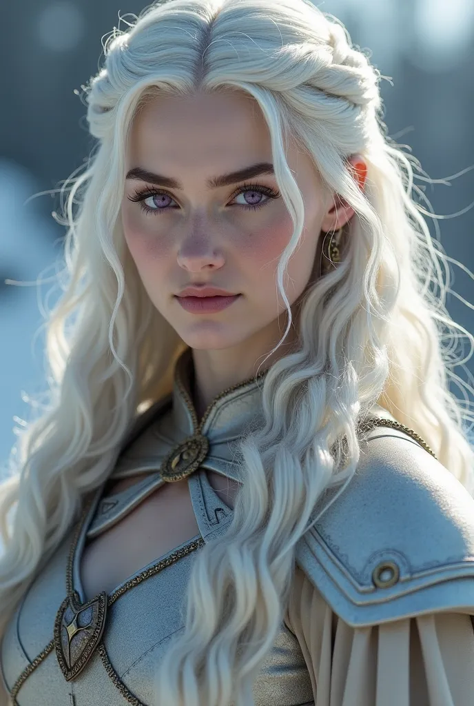 Create an image of a woman. She is a Targaryen, from game of thrones. Has silver blond long ahair and purple eyes. Her skin is pale as the snow. She is know by her skills as a Targaryen Princess Warrior, and has excellent skills flying her dragon