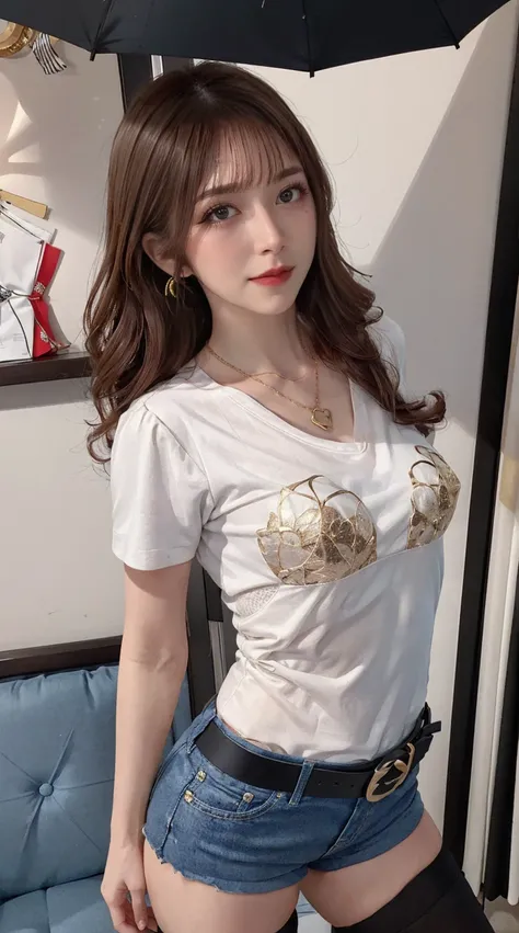 masterpiece,  Best Quality, 4K, Super Detail, Realistic, ( 1 woman with an umbrella), (whole body), ( Charming Eye for Perfect Detail:1.2), (Smile), (  Medium Brown Hair  ), (( White Lace Shirt )), (Heart-shaped necklace ), ( medium breasts ), ( Gold Heart...