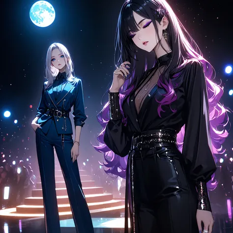  TOP QUALITY、 ultra-precise depiction、  bright colors、 beautiful girl 、One person、40 years old、 Height、long legs、 accurate facial depiction、Dark outdoors、Glass plateの上、starry sky、moon、spotlight、turquoise lighting、magenta tuxedo、 shirt、 tie、 bust up、  beaut...